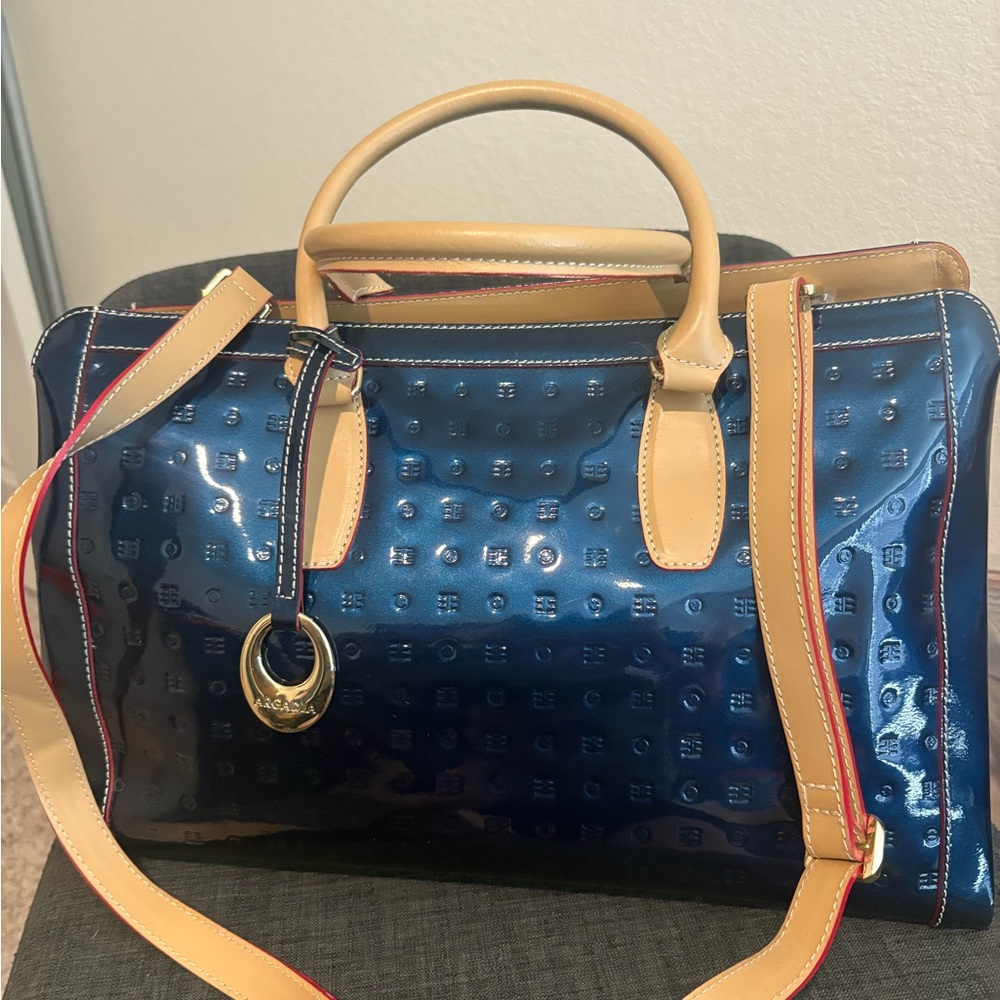 Arcadia Glossy Blue and Tan Satchel